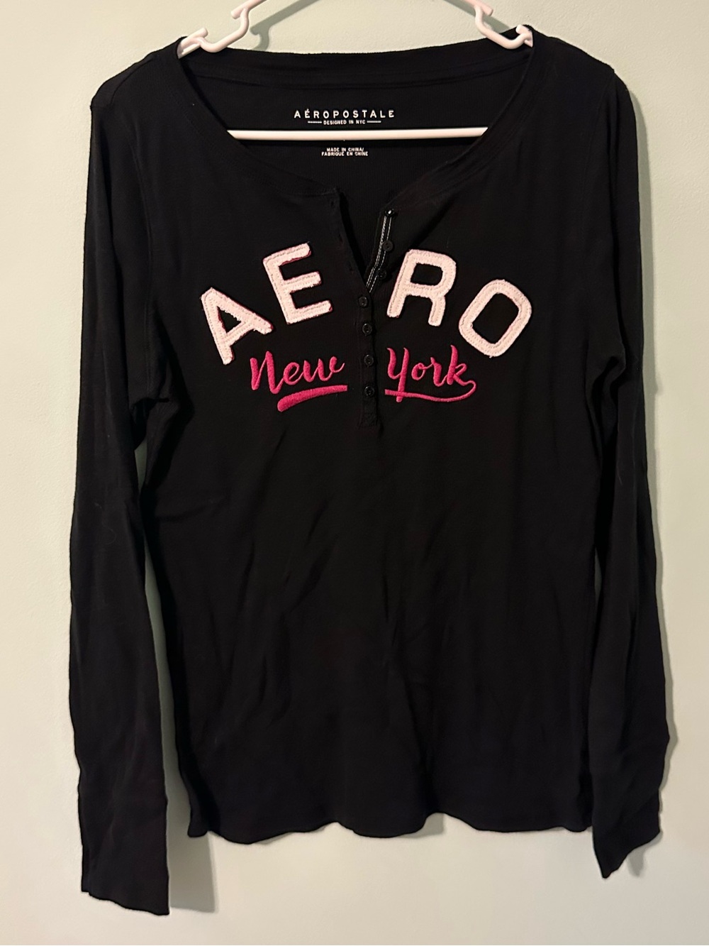 Aeropostale Black Henley with Pink Embroidered Logo